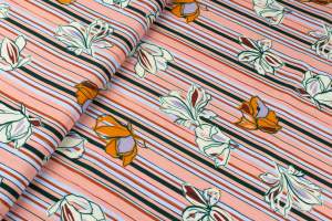 Tkanina Sukienkowa – wzór pasy i kwiaty, kolor brzoskwiniowy