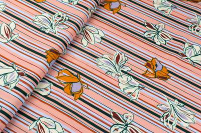 Tkanina Sukienkowa – wzór pasy i kwiaty, kolor brzoskwiniowy