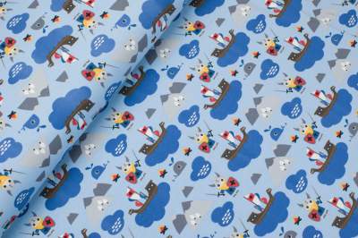 Jersey bawełniany wzór wikingowie błękitny