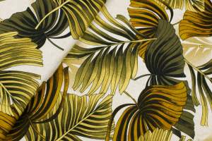 Dzianina wiskoza wzór liście brązowe, tło beżowe