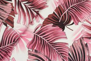 Dzianina wiskoza wzór liście różowe, tło beżowe