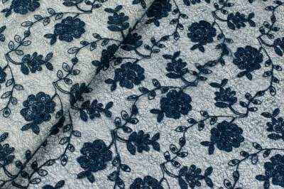 Koronka stabilna wzór kwiaty cekiny, granatowy i morski