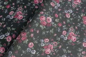 Szyfon wzór bukiety kwiatów różowe, tło czarne