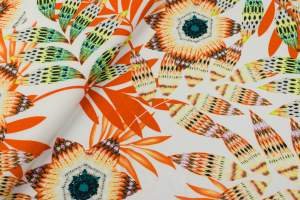 Dzianina jersey ity wzór kwiaty liście biały / pomarańczowy