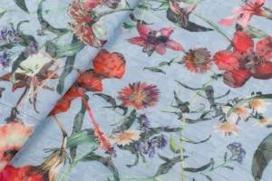 Tkanina popelina gnieciona wzór kwiaty, tło kolor siny