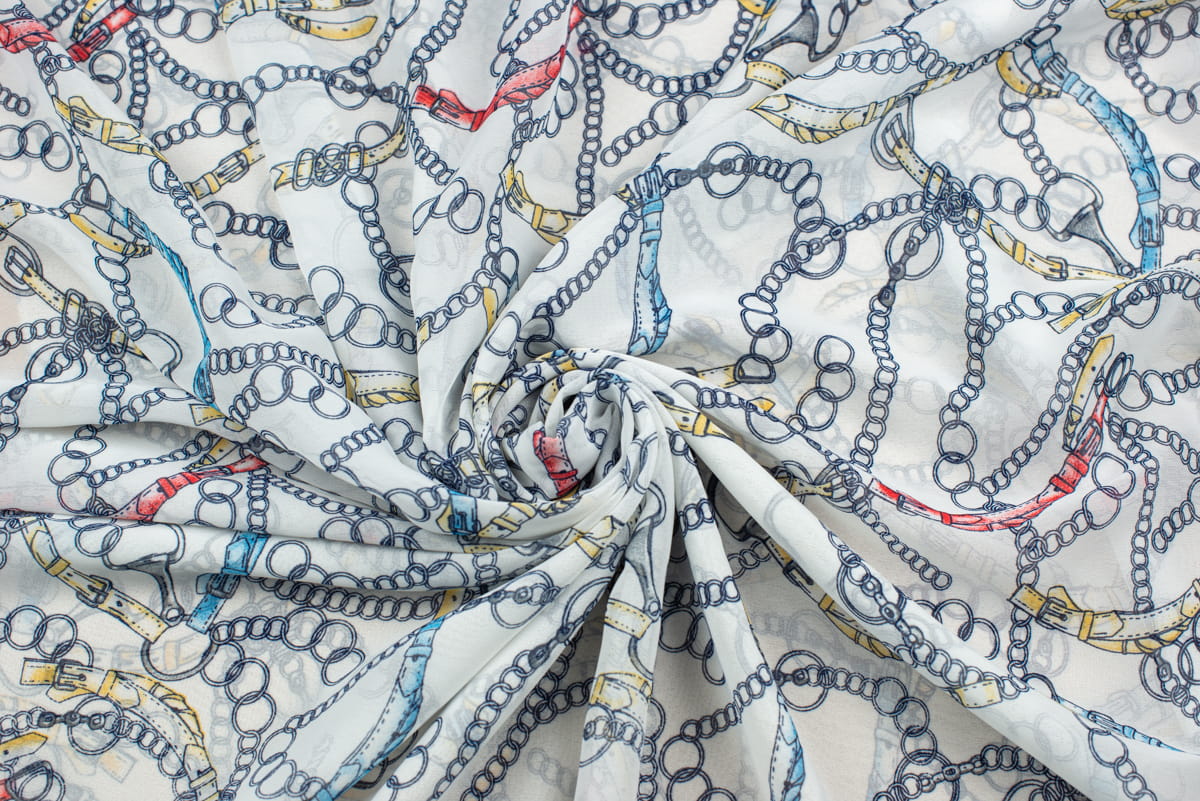 Tkanina Szyfon wzór włoski kolor biały i niebieski