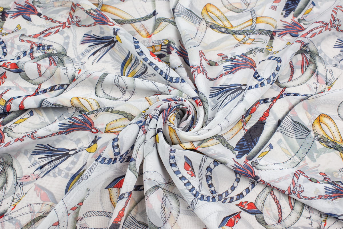 Tkanina Szyfon wzór łańcuchy paski kolor biały