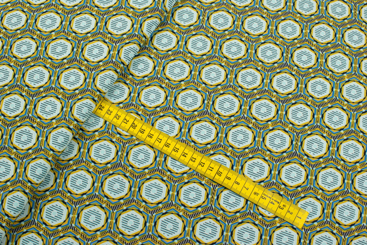 Tkanina Silki Wzór Geometryczny kolor musztardowy i ecru