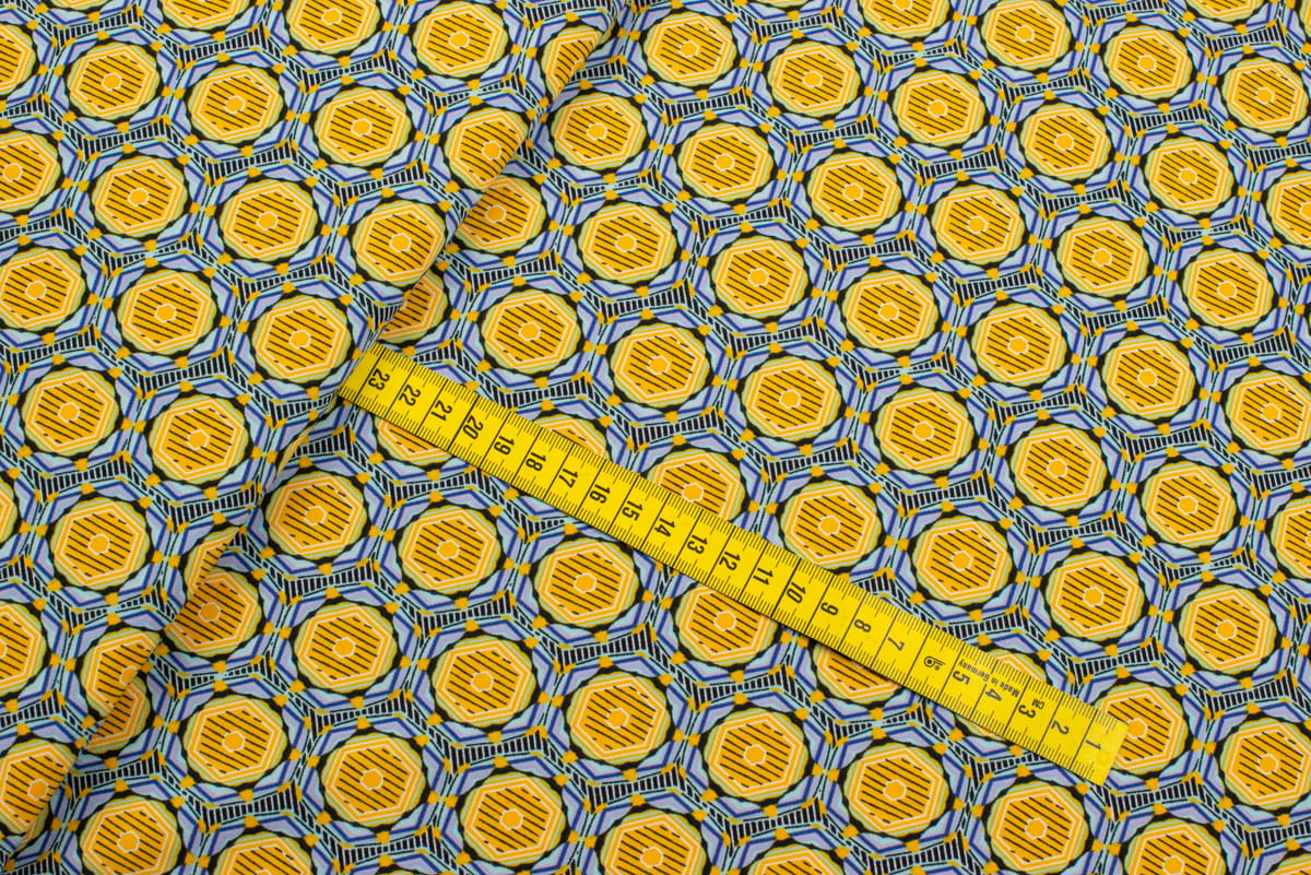 Tkanina Silki Wzór Geometryczny kolor miodowy i błękitny