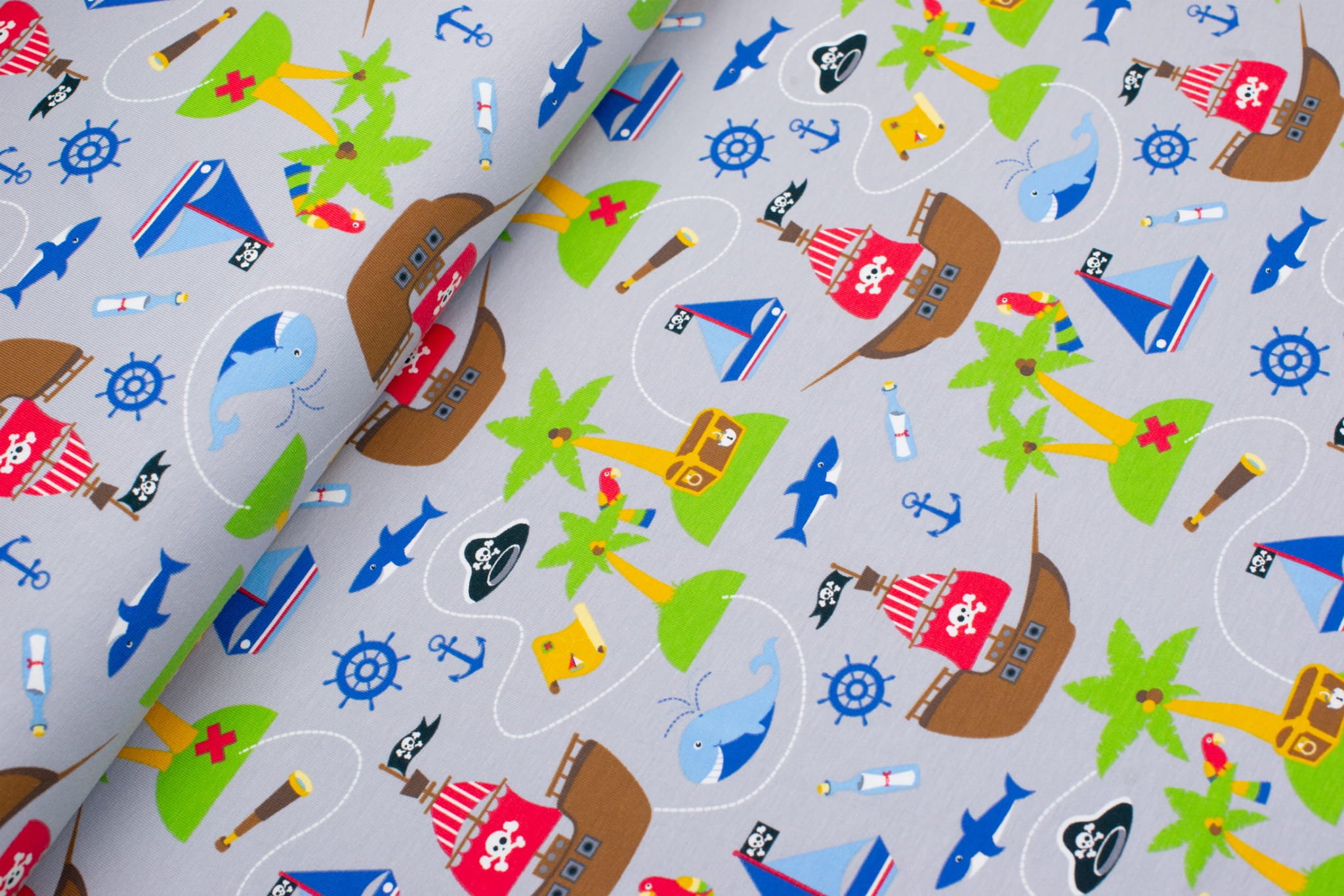 Jersey bawełniany wzór statki kolor jasnoszary
