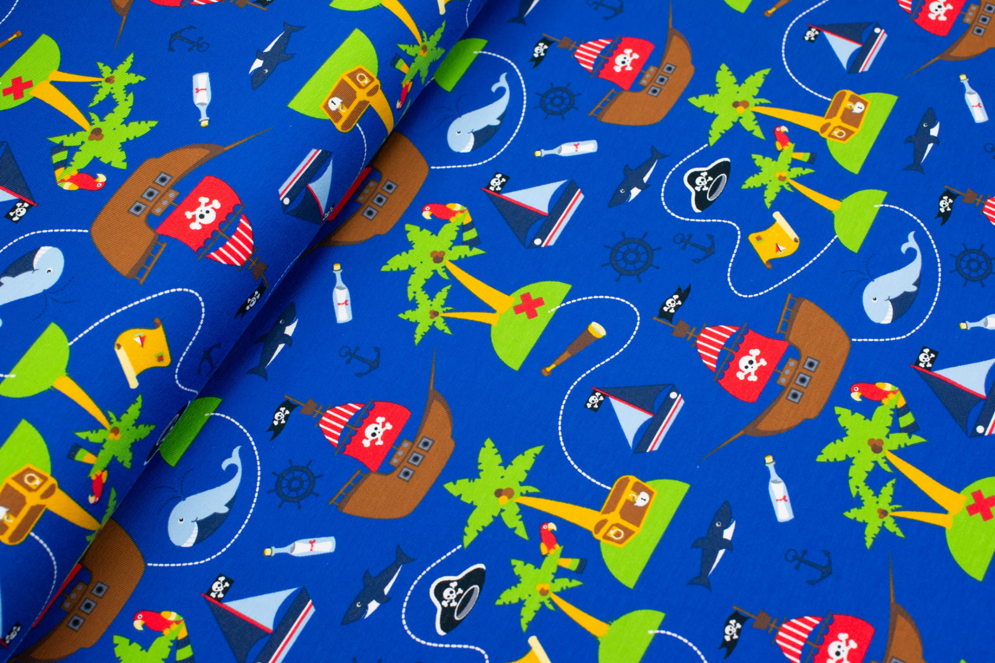 Jersey bawełniany wzór statki kolor niebieski