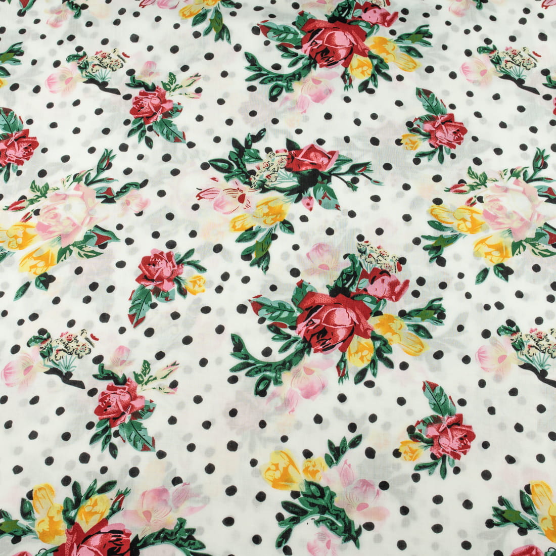Tkanina Wiskoza wzór kwiaty i groszki na białym tle
