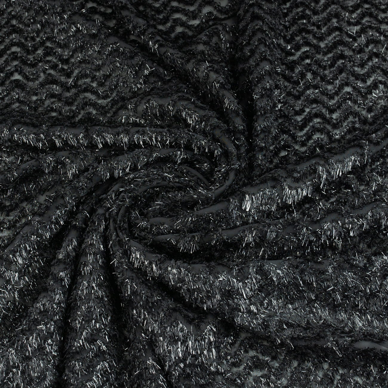 Tkanina Szyfon wzór jodełka włos naszywany kolor czarny