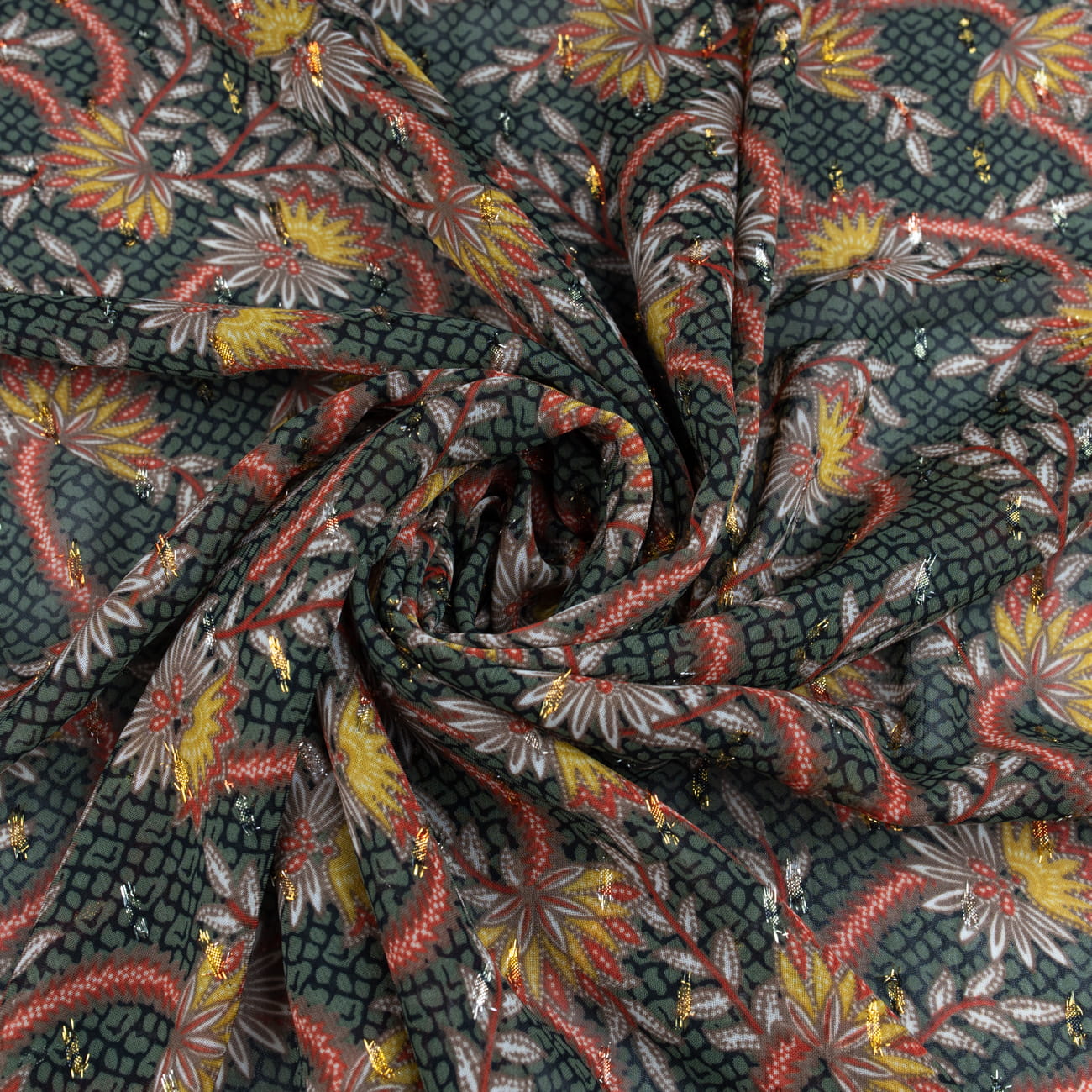 Tkanina Szyfon wzór kwiaty kolor khaki, złota nitka