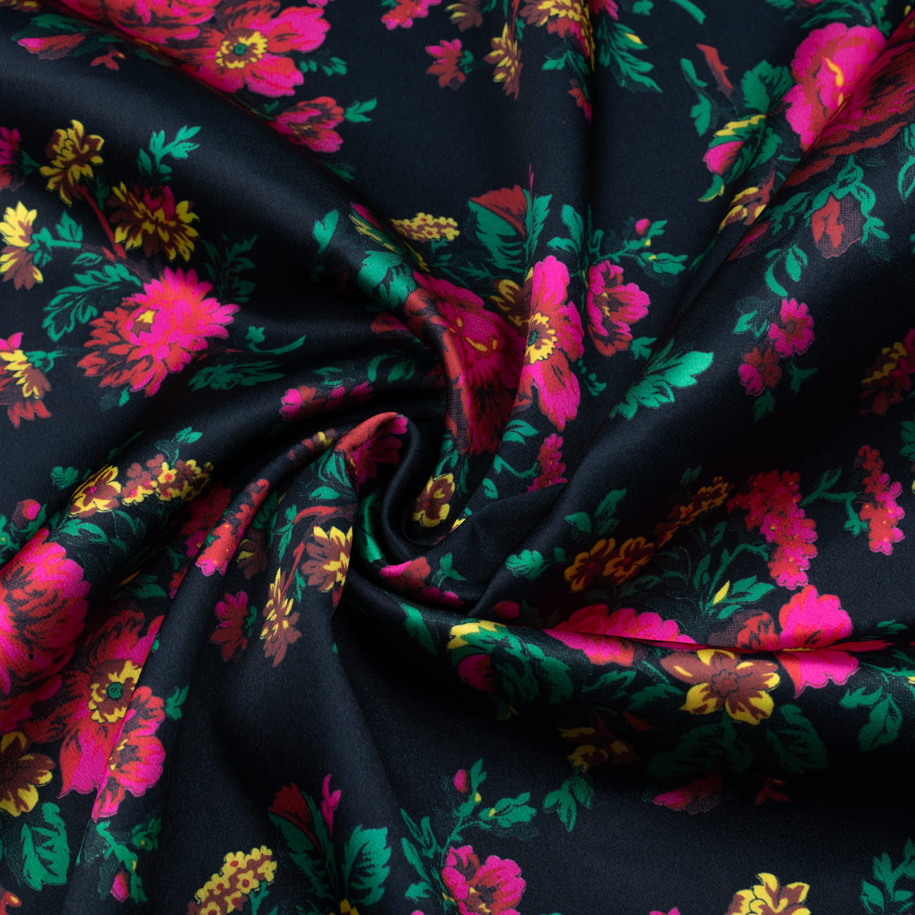 Tkanina Satyna krepa wzór ludowy na czarnym tle