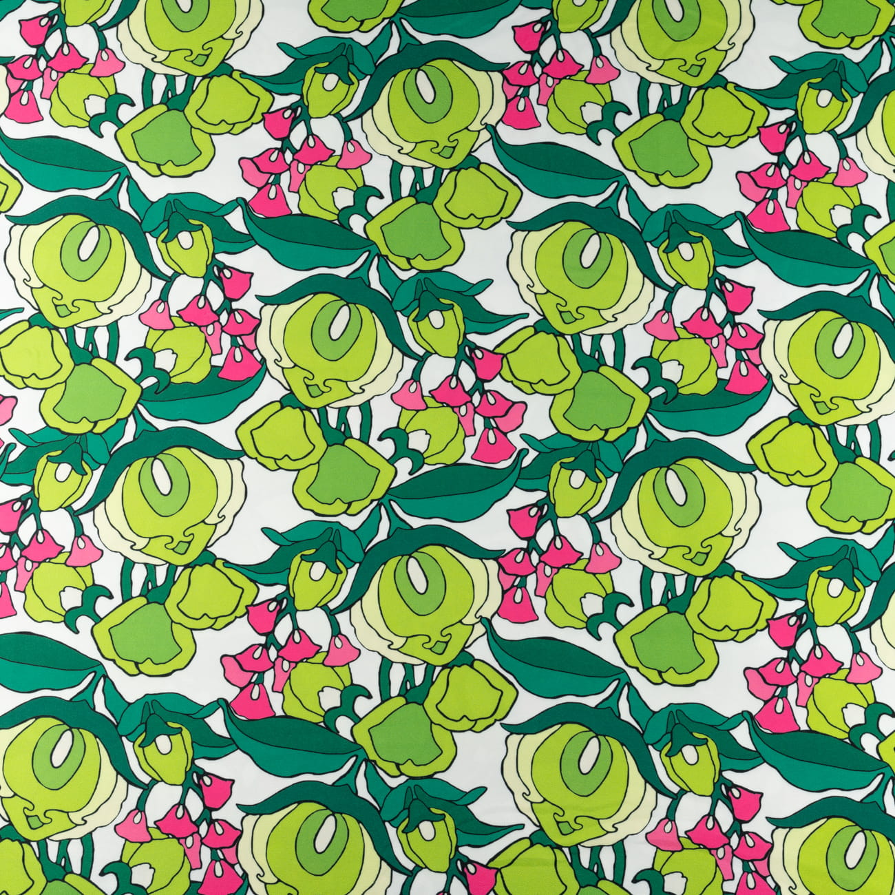 Tkanina wiskoza twill wzór zielone kwiaty na białym tle