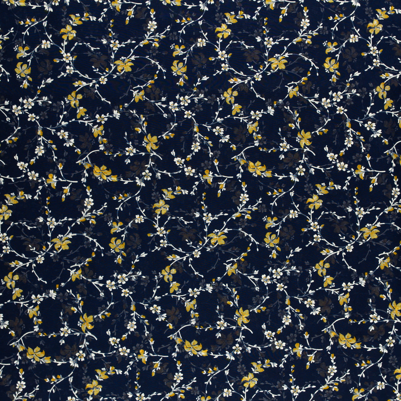 Tkanina Szyfon wzór miodowe kwiatki na granatowym tle