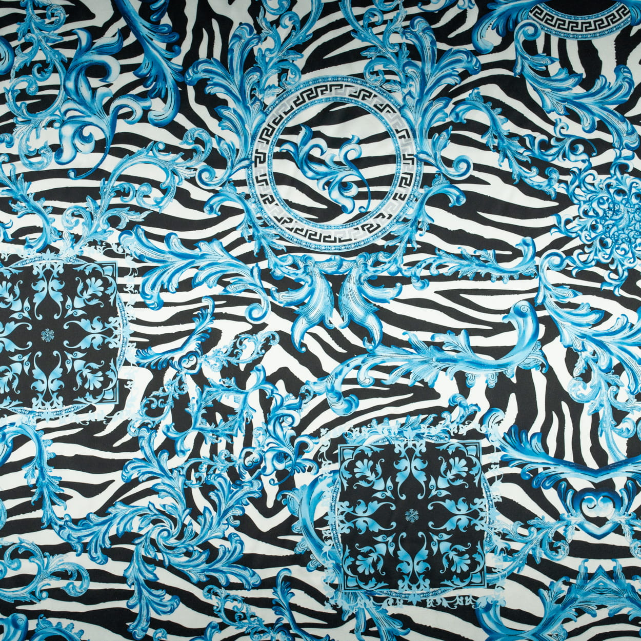 Tkanina Satyna lycra zebra wzór typu versace niebieskie