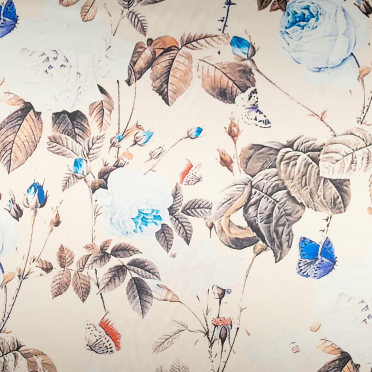 Tkanina Satyna lycra beżowy w róże motyle