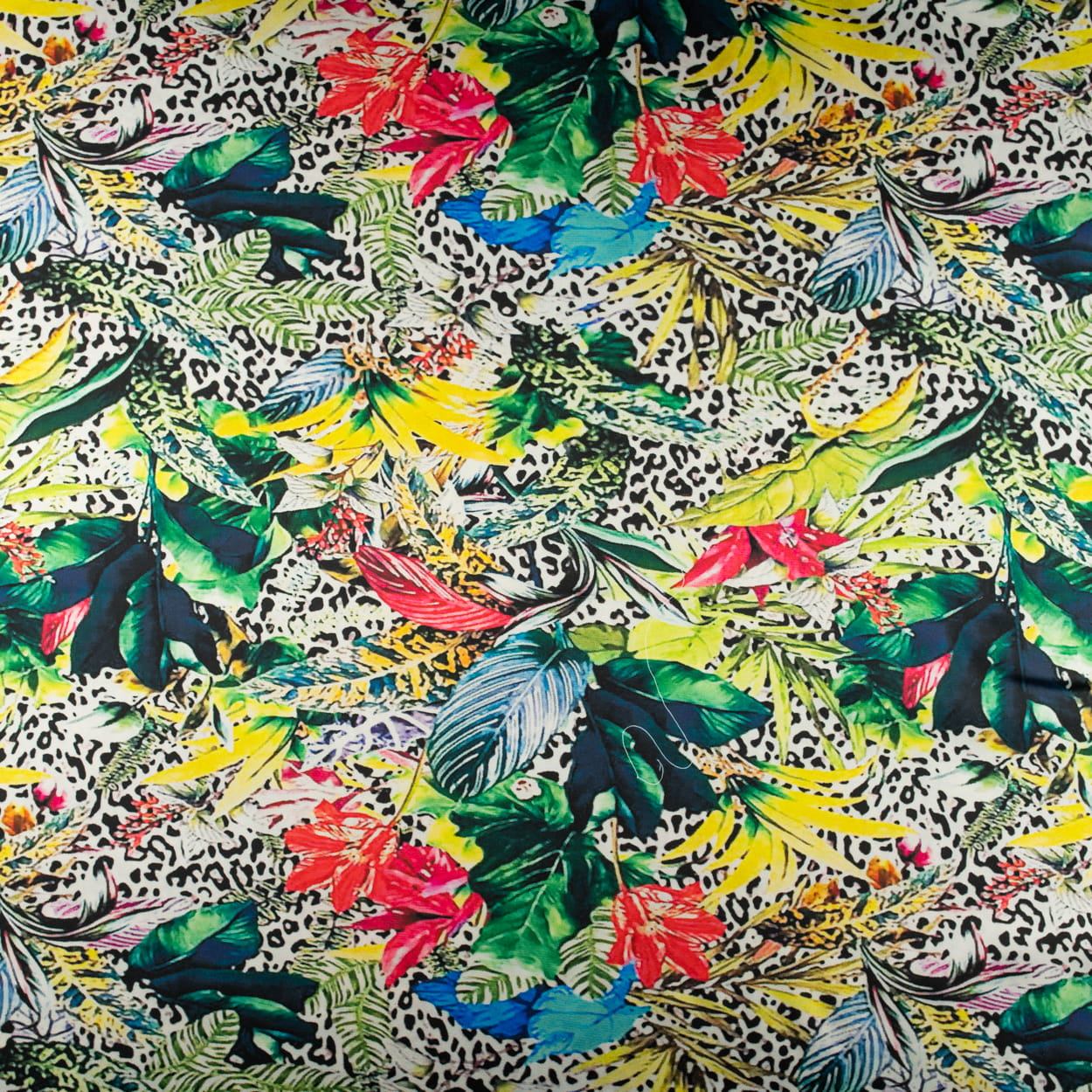 Tkanina Satyna lycra dżungla panterka kwiaty