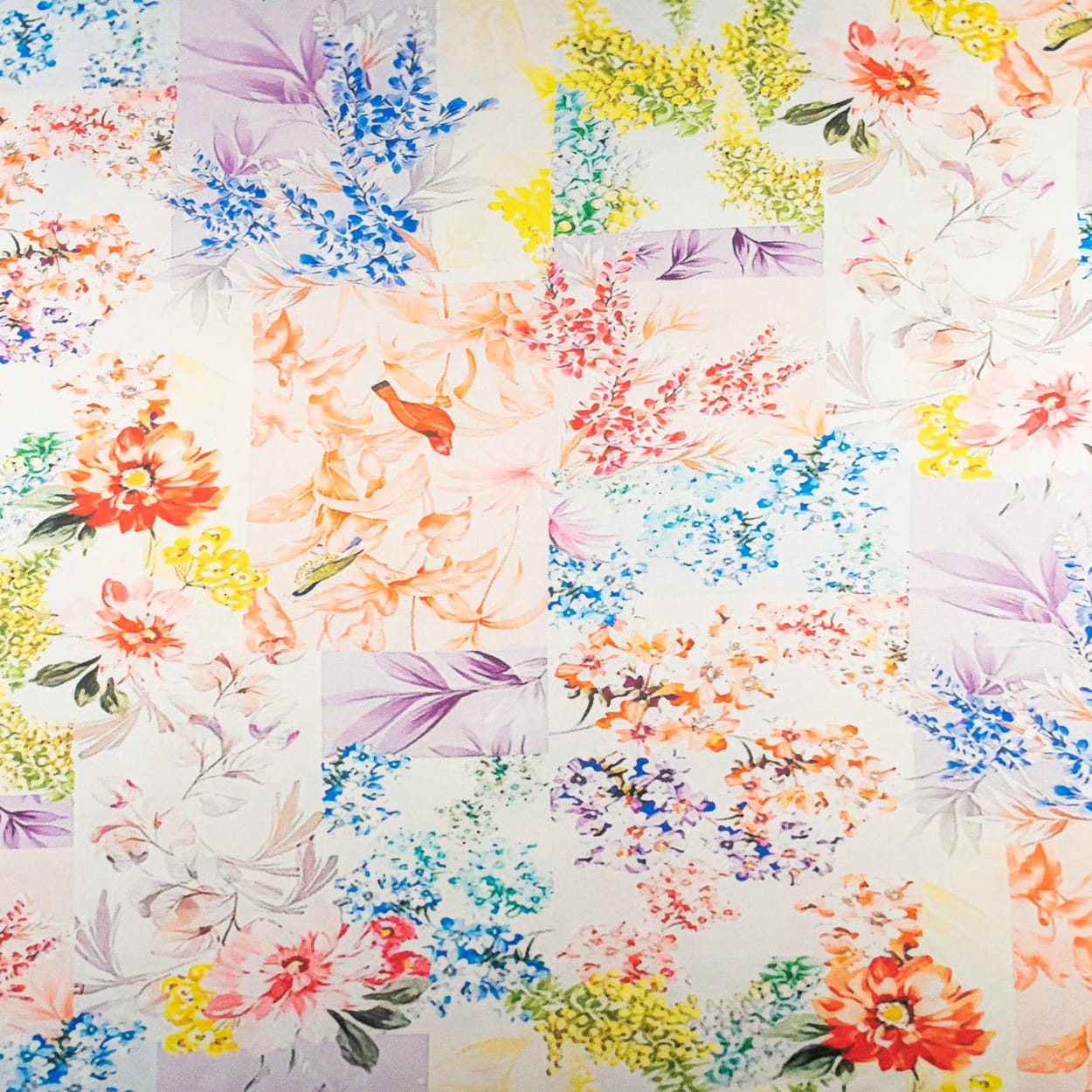 Tkanina Satyna lycra kolorowy wzor kwiaty ptaki