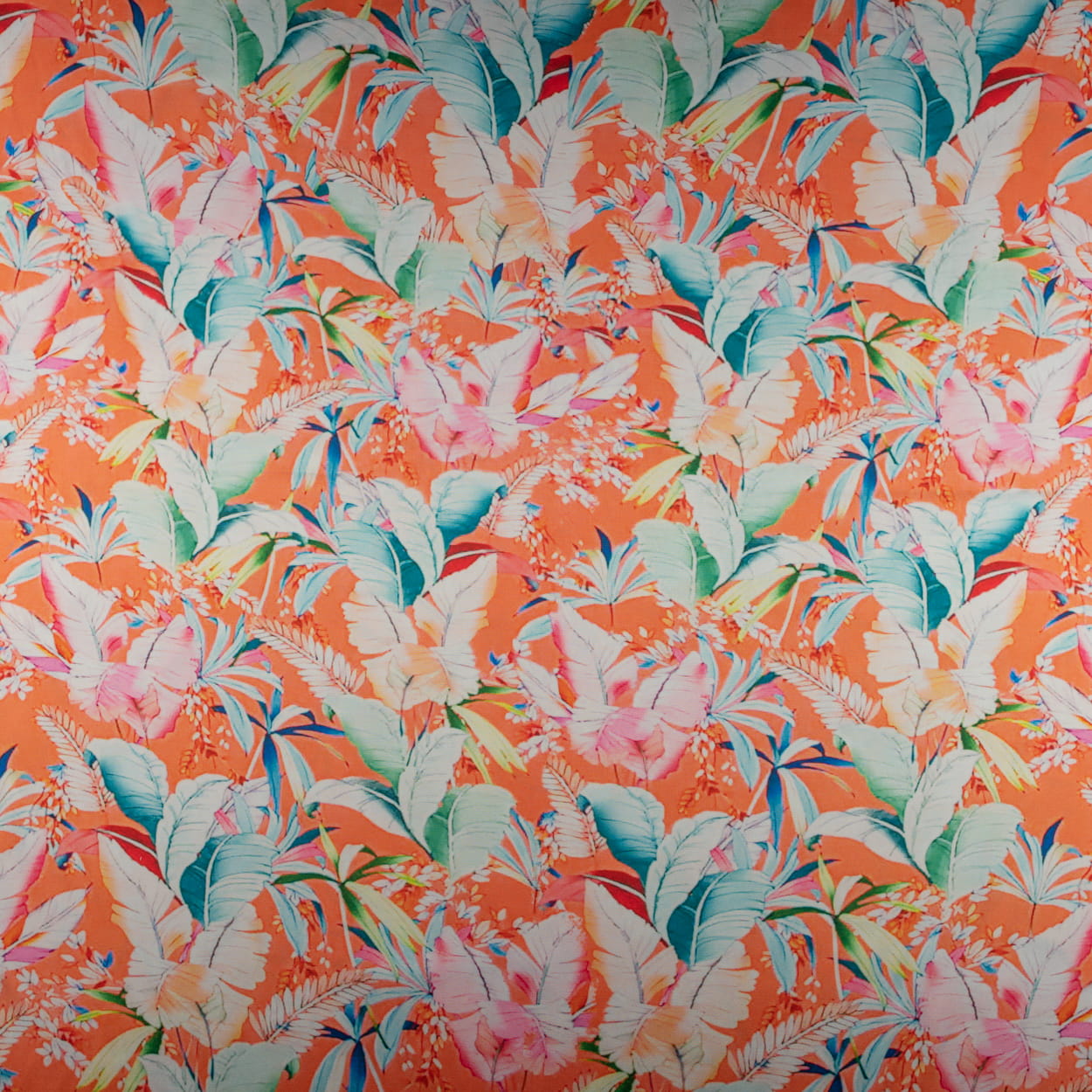 Tkanina Satyna lycra liście tropikalne tło pomarańczowe