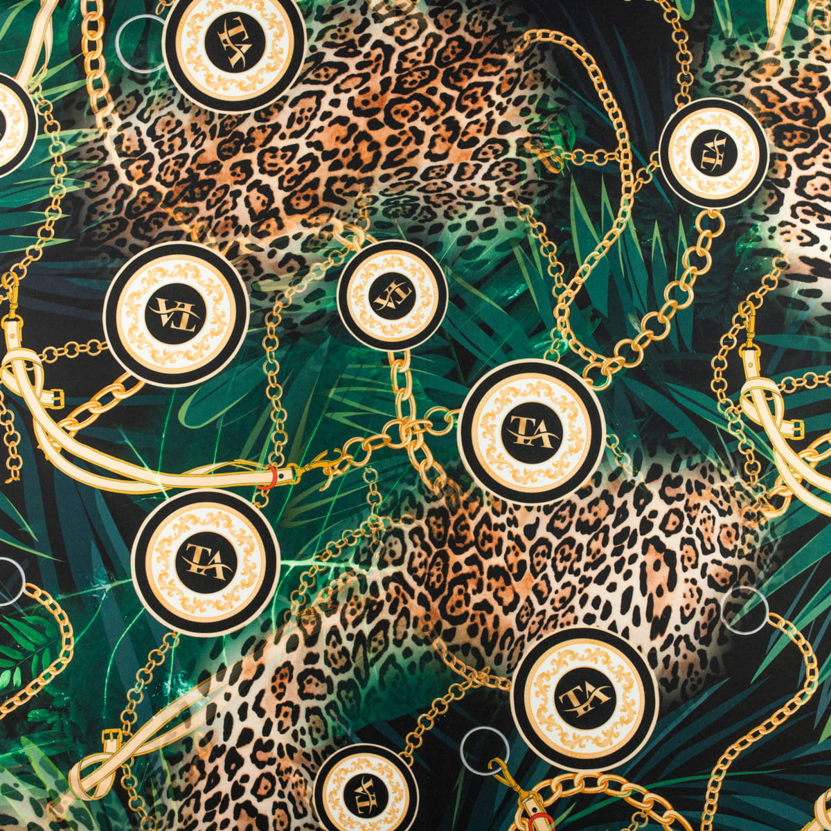 Tkanina wiskoza twill Hermes wzór panterka na czarnym tle