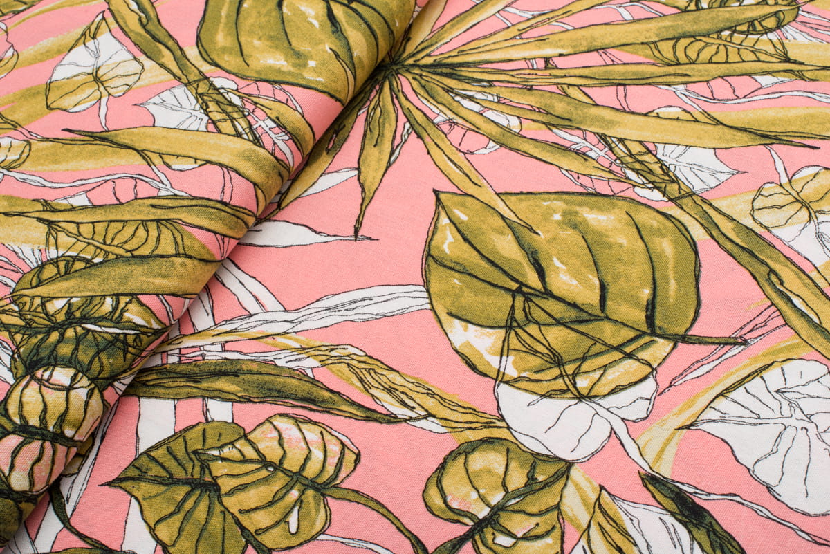 Len z wiskozą  liście / odcienie zieleni na koralowym tle