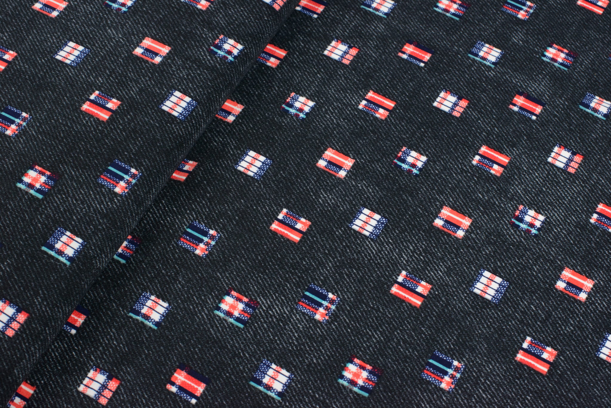 Dzianina jersey ity wzór geometryczny jeans czarny