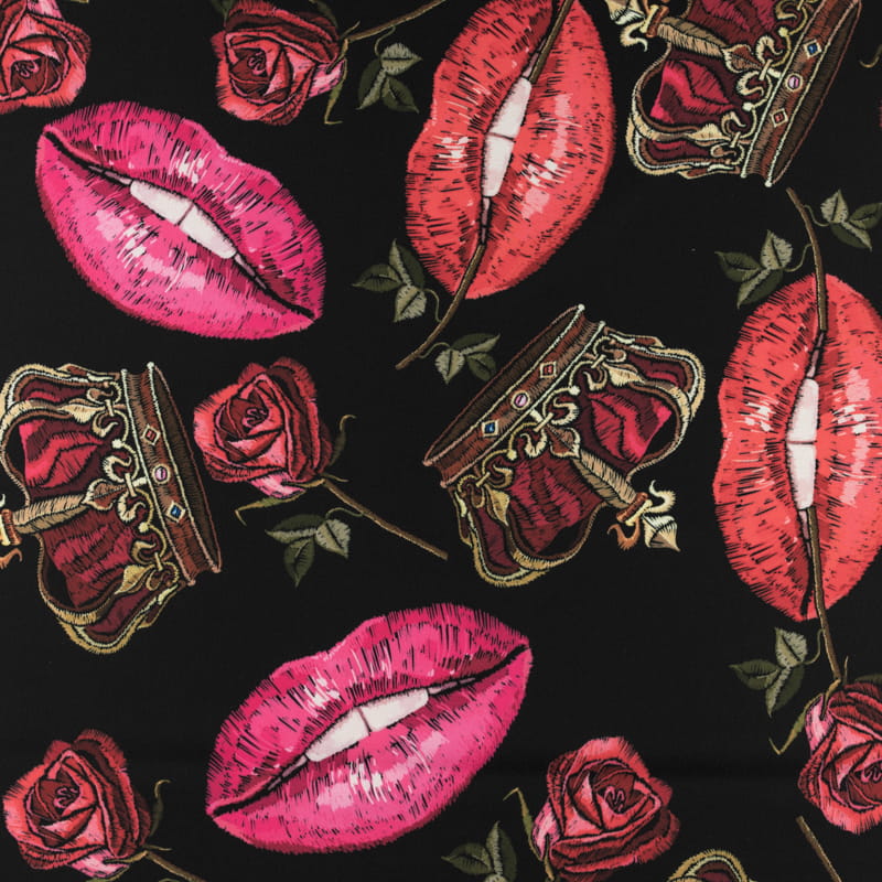 Tkanina wiskoza twill wzór usta kolor czarny