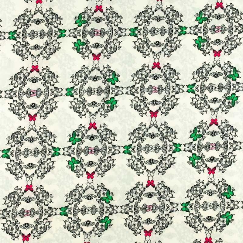 Tkanina silki wzór motylki kolor różowo zielony