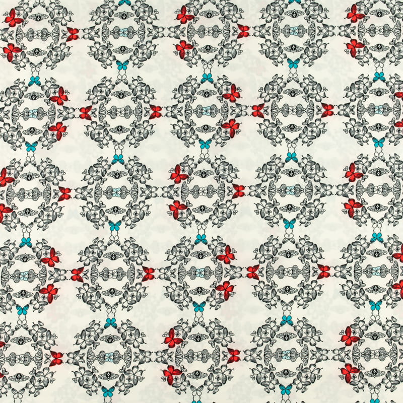 Tkanina silki wzór motylki kolor niebiesko czerwony