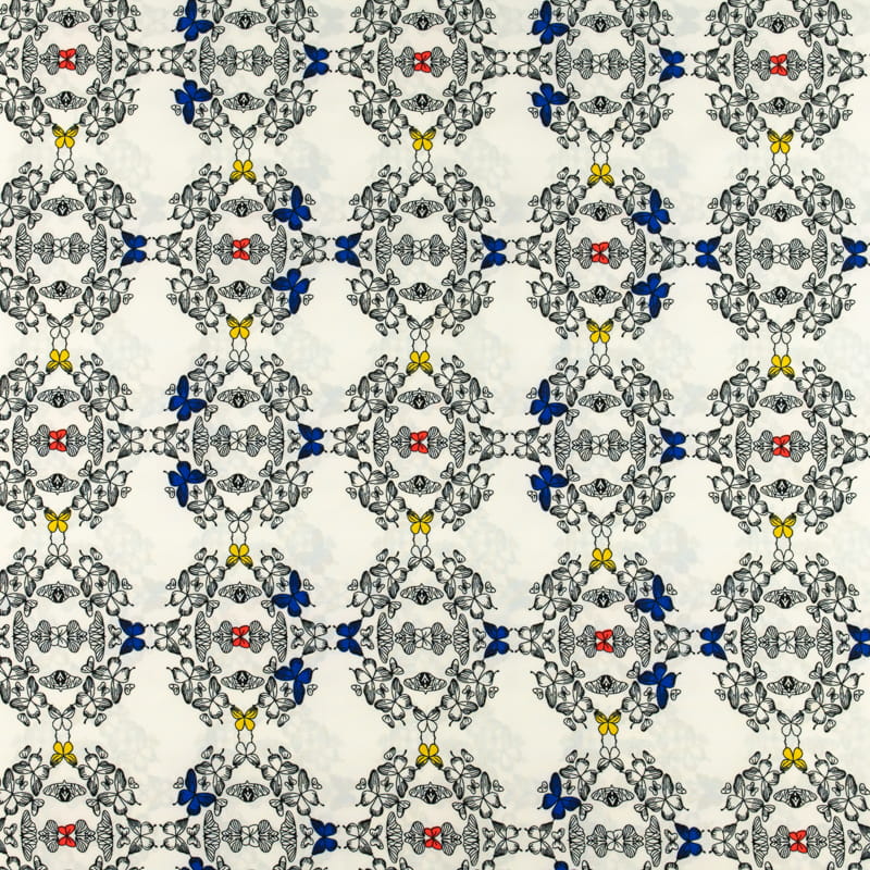 Tkanina silki wzór motylki kolor żółto niebieski