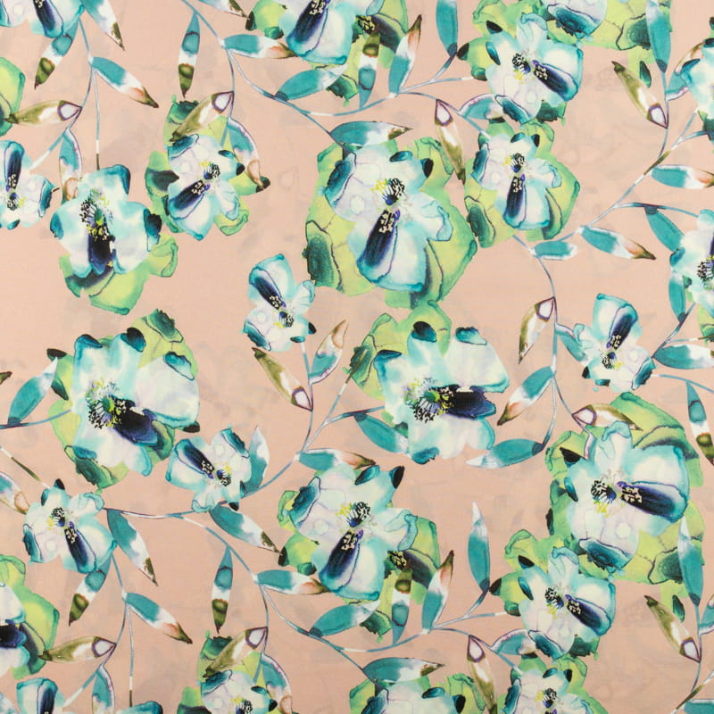 Tkanina silki wzór kwiaty kolor różowo beżowy