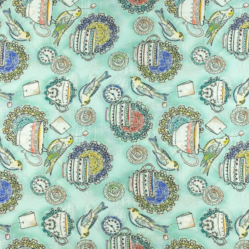 Tkanina silki wzór porcelanowe filiżanki i zegar kolor miętowy