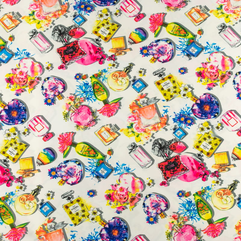 Tkanina silki wzór perfumy i kwiaty kolor kremowy