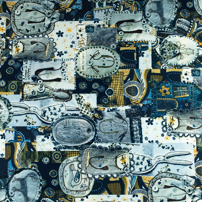 Tkanina silki wzór naszywki i łatki kolor szaro granatowy