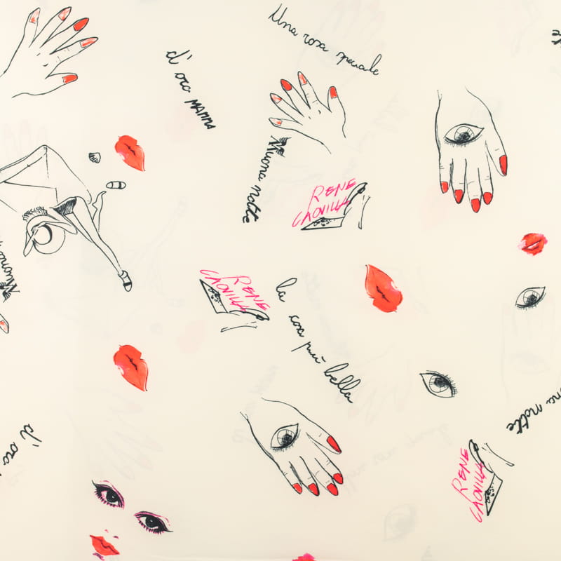 Tkanina silki wzór usta i dłonie kolor ecru