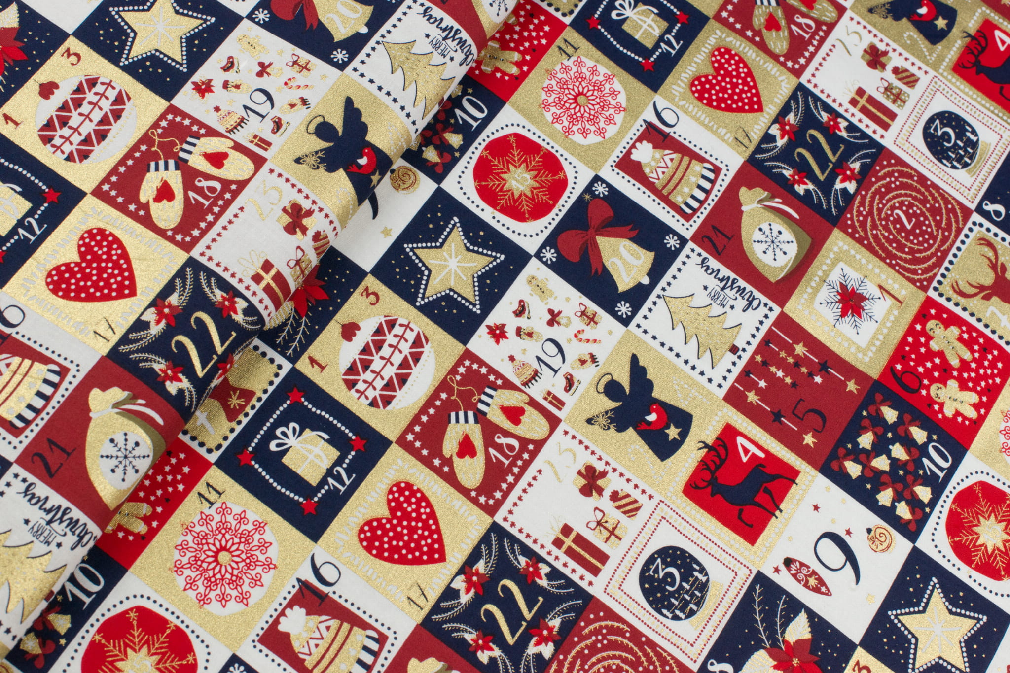 Tkanina popelina wzór świąteczny kolor czerwony/granatowy