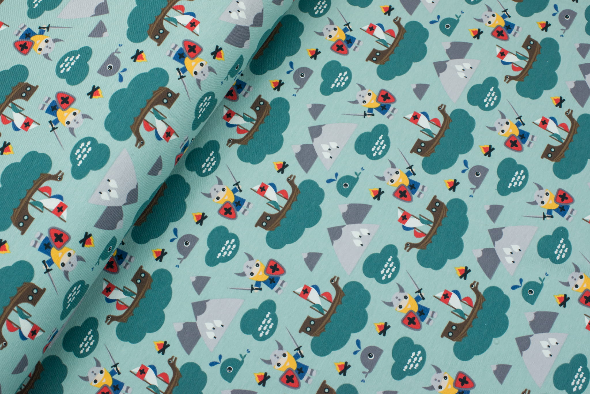 Jersey bawełniany wzór wikingowie miętowy