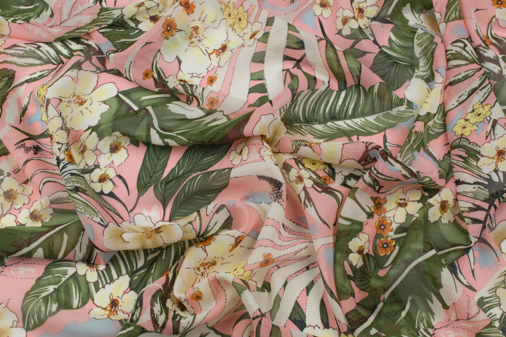 Szyfon wzór kwiaty/monstera na różowym tle