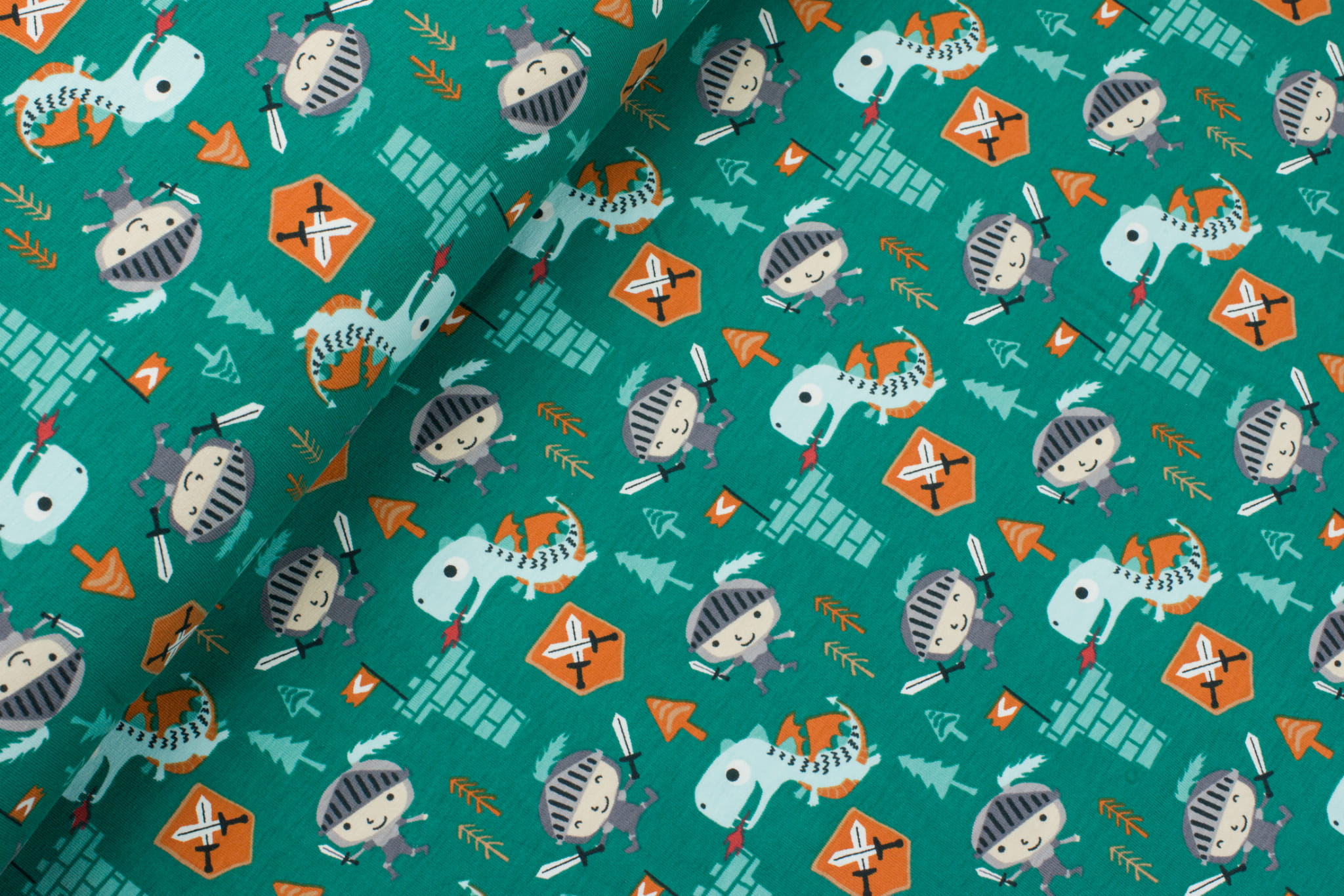 Jersey bawełniany wzór rycerz/smoki na zielonym tle