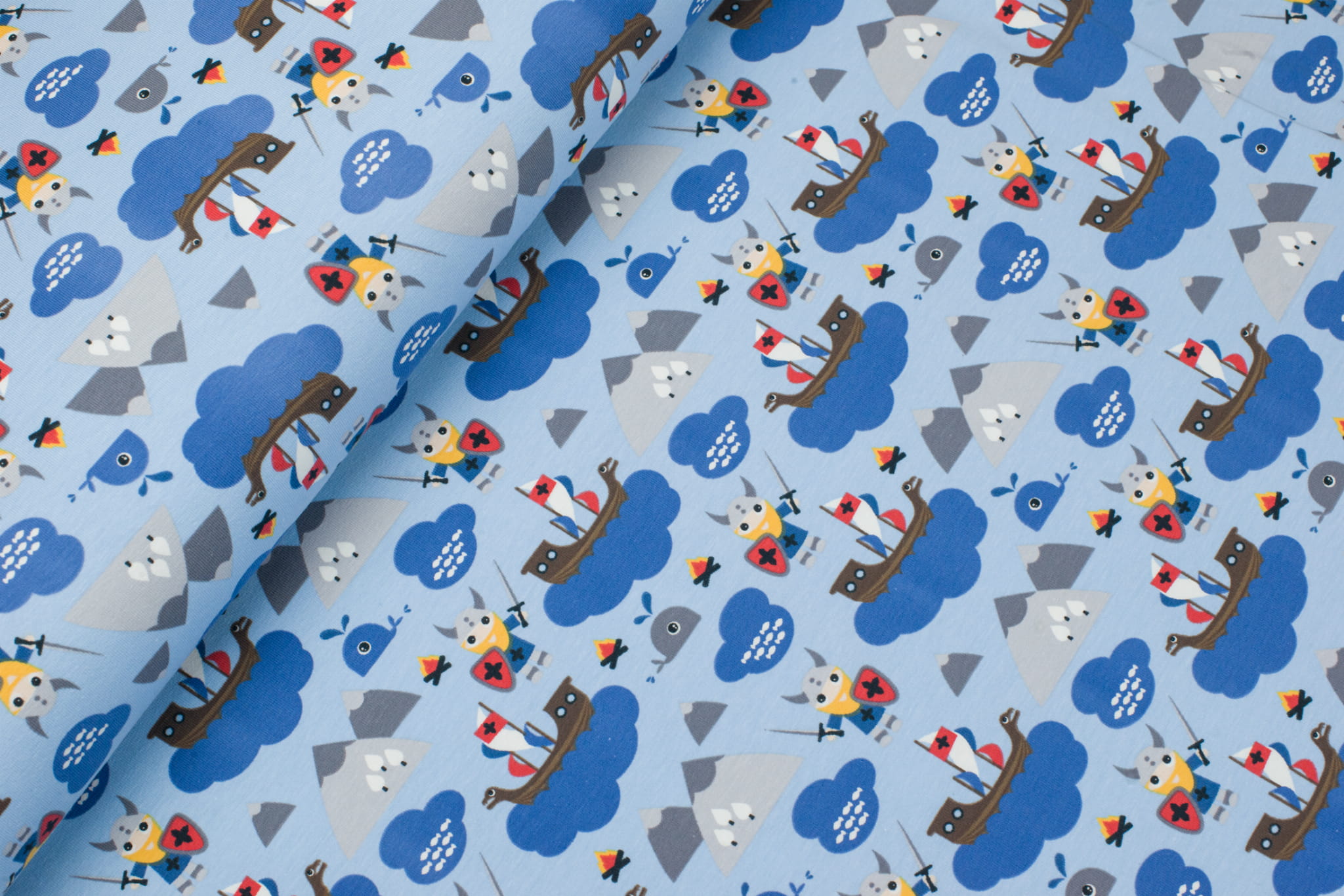 Jersey bawełniany wzór wikingowie błękitny