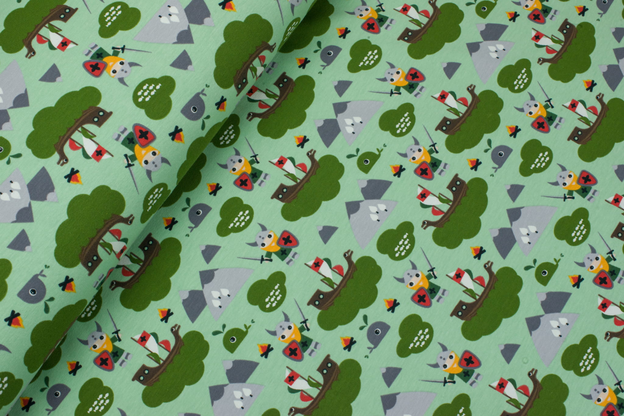 Jersey bawełniany wzór wikingowie zieleń