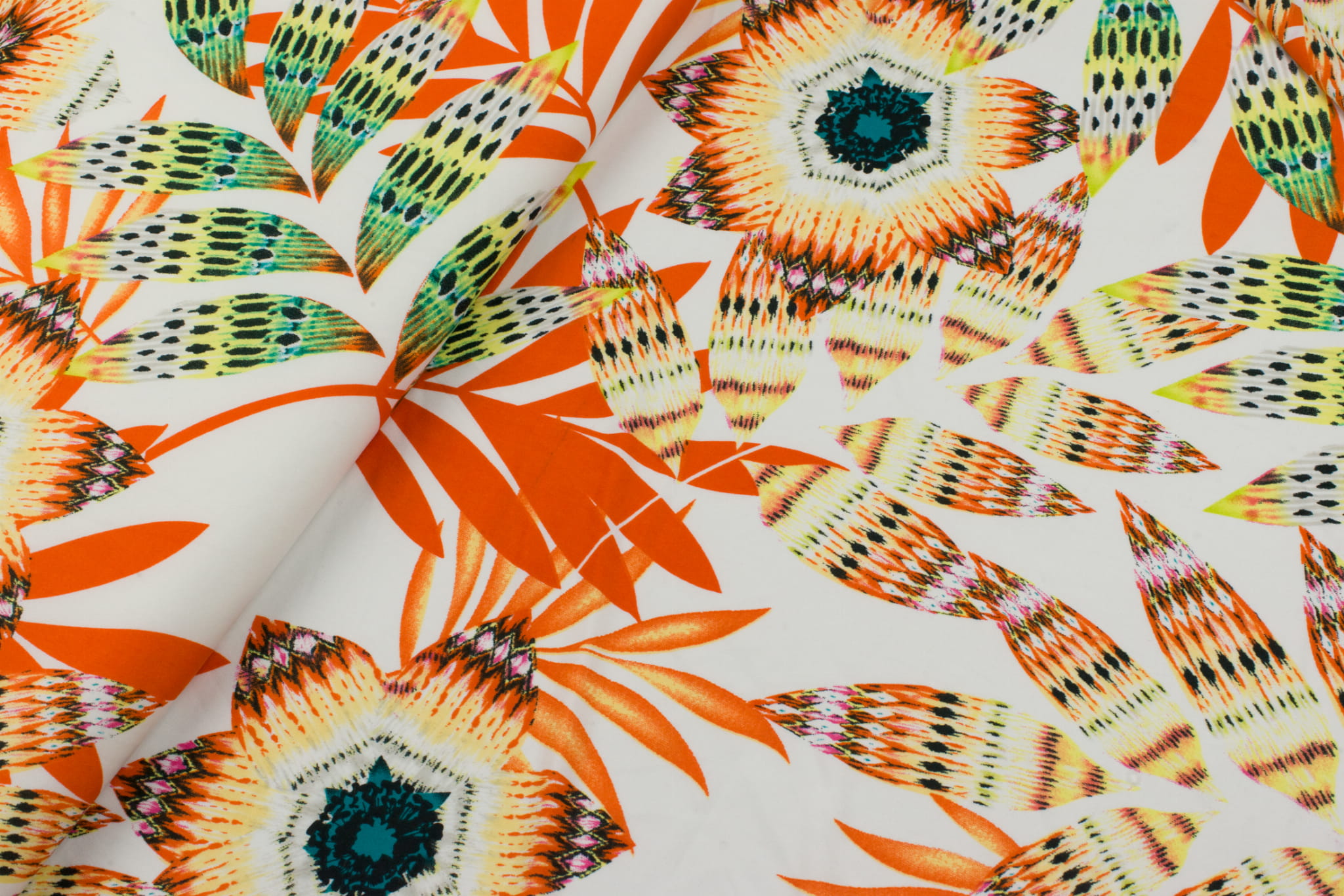 Dzianina jersey ity wzór kwiaty liście biały / pomarańczowy